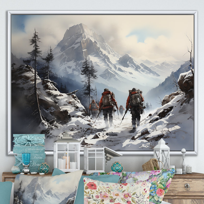 " Mountain Hiking In Winter ", White Floater Framed, 30" H x 40" W x 1.5" D