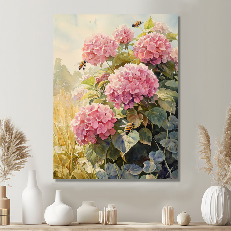Hortensias dans le champ de trèfles I - hydrangées, art mural en métal, H 32 po x l 24 po
