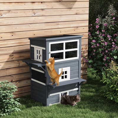 3-story Dark Gray Cat House, Outdoor Kitten . Features Raised Floor, Asphalt Roof, Escape Doors And Captivating Jump Platforms For Your Gentle Kittens