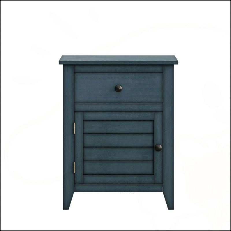 Table de chevet transitionnelle antique en placage bleu avec tiroir de rangement et armoire, parfaite pour économiser de l'espace et décorer élégamment les pièces.