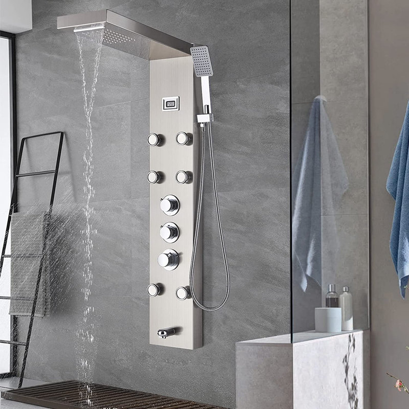 Système de massage thermostatique avec panneau de douche thermostatique Jet Waterfall, Nickel brossé