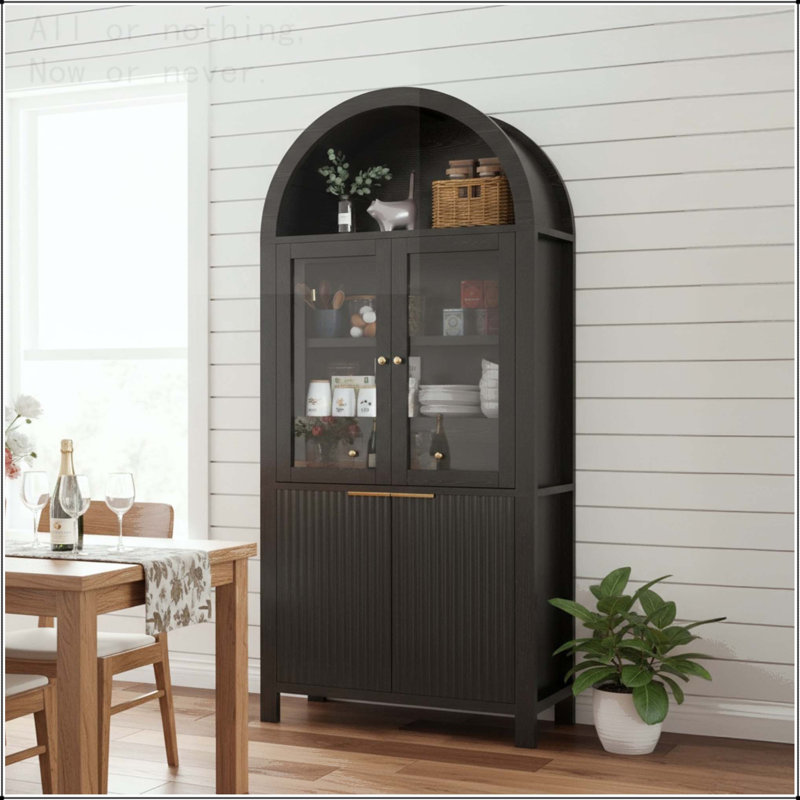 Grand garde-manger arqué cannelé 71 po avec porte vitrée et tiroir caché 71 po, Noir