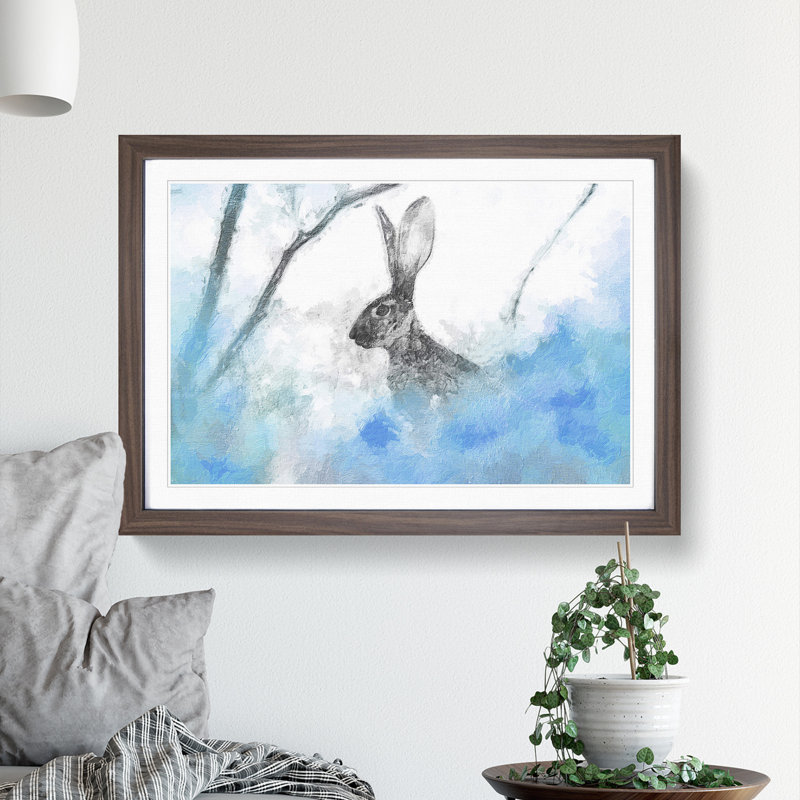 FRM-B-1271X The Alert Hare in Blue - Picture Frame Painting, 48cm H x 65cm W x 2cm D, Walnut Framed