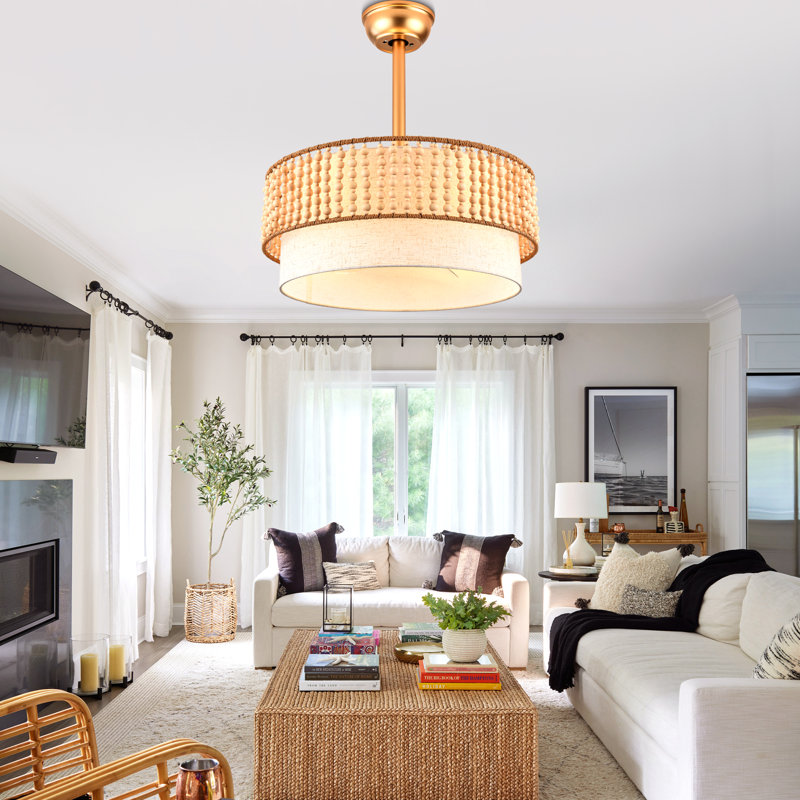 Ventilateur de plafond bohème de 50 cm avec éclairage et télécommande, 6 vitesses réversible, style tambour doré, idéal pour une chambre à coucher.