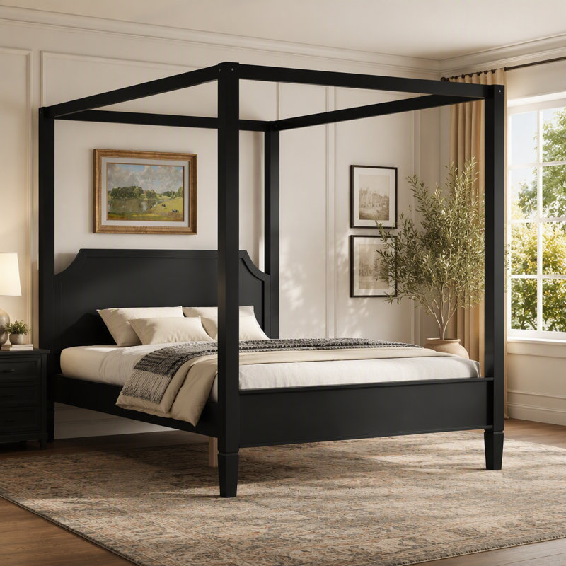 Grand lit plateforme à baldaquin en bois avec tête de lit et pieds de soutien, noir, Grand lit, Black