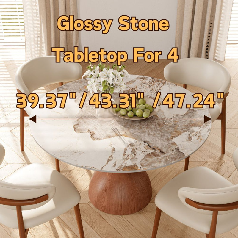 Table de salle à manger Petit déjeuner, Fausse pierre de marbre, H 29,52 po x L 39,37 po x l 39,37 po, Ambre brillant