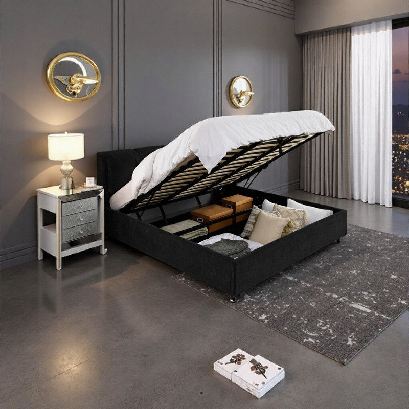 Lit très grand avec rangement et tête de lit tapissier, lit plateforme en tissu de chenille, Noir, noir, noir, noir