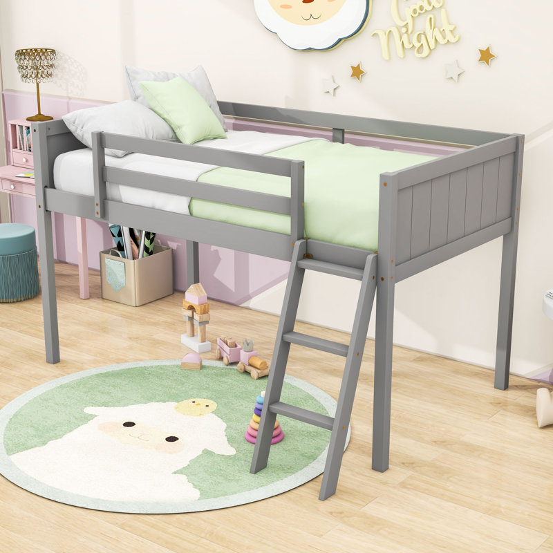 Wood Low Loft Bed with Ladder, ladder can be placed on the left or right, Grey, Twin