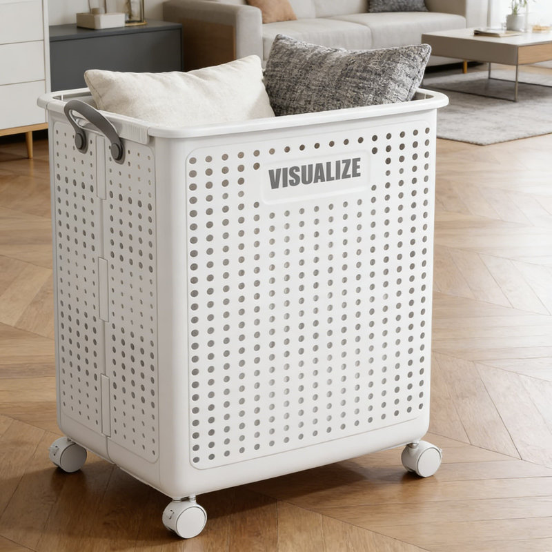 White,Foldable Laundry Hamper With Wheels, Breathable Mesh Design, Heavy-Duty PP Material, Space-Saving Collapsible Storage Basket For Home, Bathroom, And Laundry Room