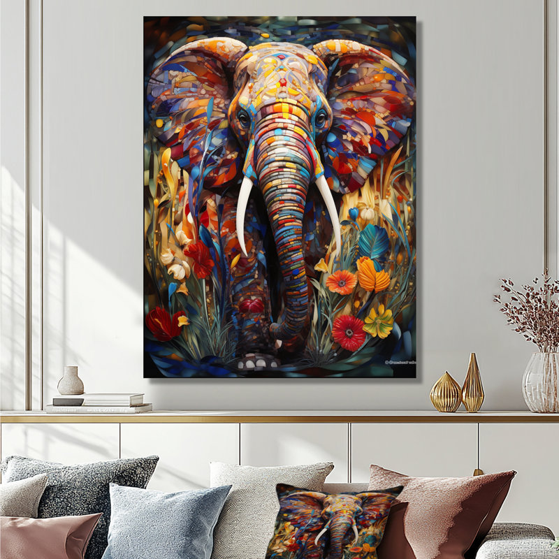 Éléphant coloré avec fleurs en fleurs - Éléphant, reproduction d'art murale, Toile tendue, H 40 po x l 30 po