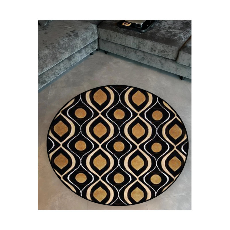 Black Beige Theme Ethnic Motif Patterned Round Woven Base Vintage Decorative Carpet, Round 2'8"