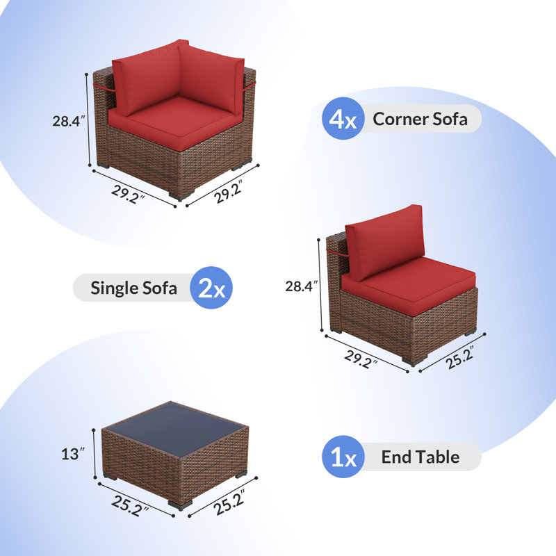 Ensemble de conversation modulaire en rotin 7 pièces avec coussins Mecayla, Bourgogne