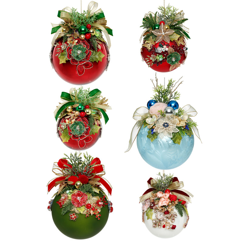 Floral Jeweled Ball Ornament, Set of 6 - 6-8 Inches