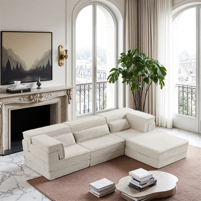 Canapé modulaire convertible sans os, très grand trois places avec repose-pieds convertible, Blanc