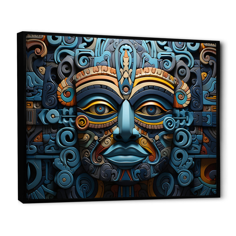 «Teal Gold Mexico Vibrant Aztec Mask II», reproduction sur toile encadrée, 12" H x 20" W, Cadre flottant noir