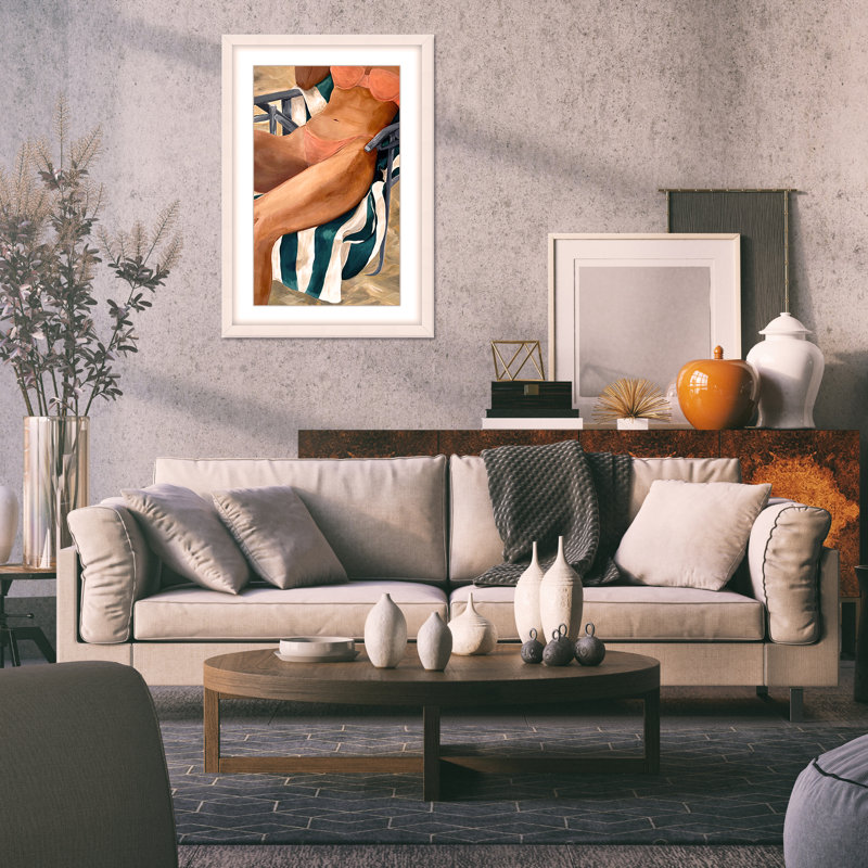 Coastal Retreat Riviera Retreat: Woman Lounging On Beach Towel And Chair, 48" H x 32" W x 1.125" D, Framed Matted Print