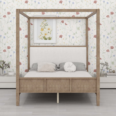 Lit plateforme à baldaquin en bois avec tête de lit tapissier