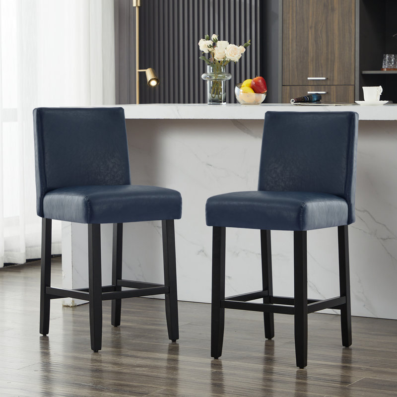 Tabouret de comptoir rembourré de 26 po avec structure en bois massif, Bleu / similicuir, 2