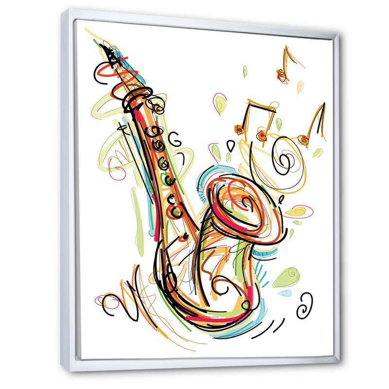 Musique, saxophone, dessin abstrait II - peinture, H 36 po x l 24 po x P 1 po, Cadre flottant blanc