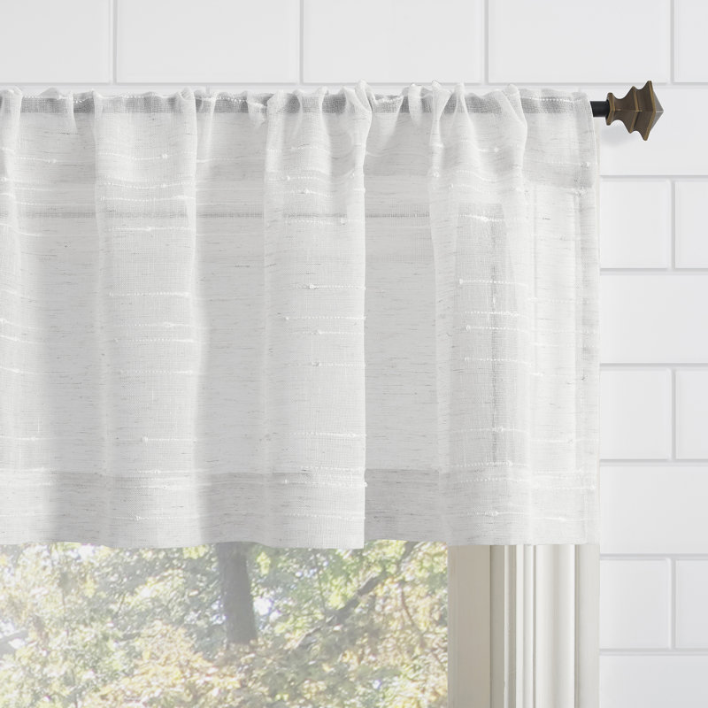 Clean Window Aya Textured Slub Stripe Linen Blend Sheer Rod Pocket Kitchen Curtain Valance, White