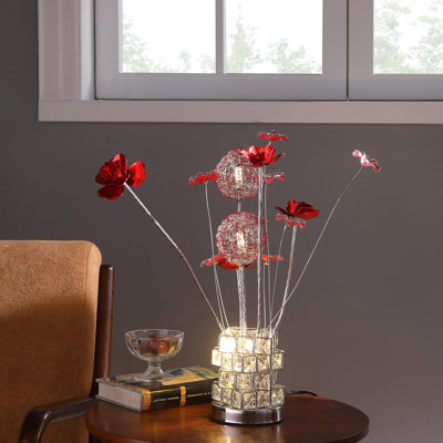 Aluminum 4 Red Roses 6 Petal Floral 2 Red/Silver Flower Bud On A 4 Squared Modern Hexagona Chrome Vase Table Lamp, Nightstand Bedside Table Lamp