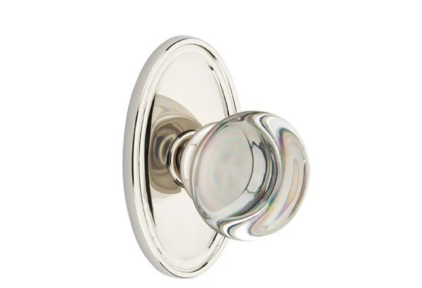 Ensemble de mortaise intérieure Emtek avec rosette ovale et bouton de verre Providence (LH), Nickel poli