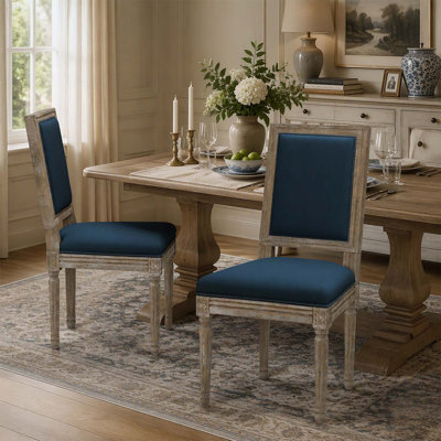 Chaises de salle à manger traditionnelles patinées, couleur moderne, revêtement en polyester résistant et pieds en bois d'hévéa pour une utilisation durable.