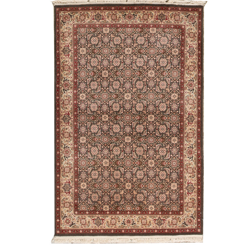 Tapis vert, beige et rouge noué à la main de haute qualité