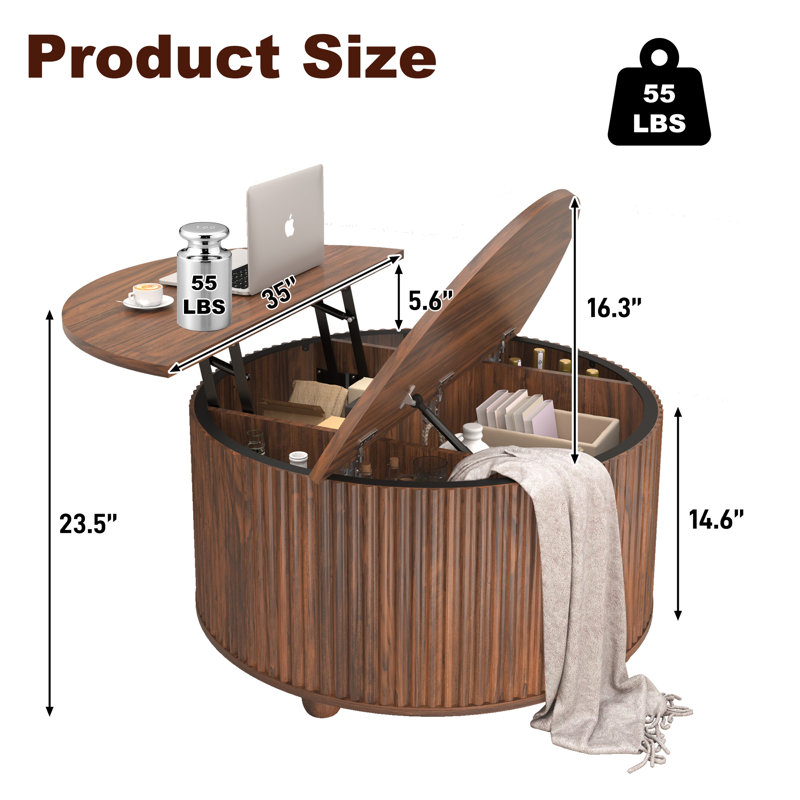 Lift Top Coffee Table With Storage, Round Wood Coffee Table, Walnut