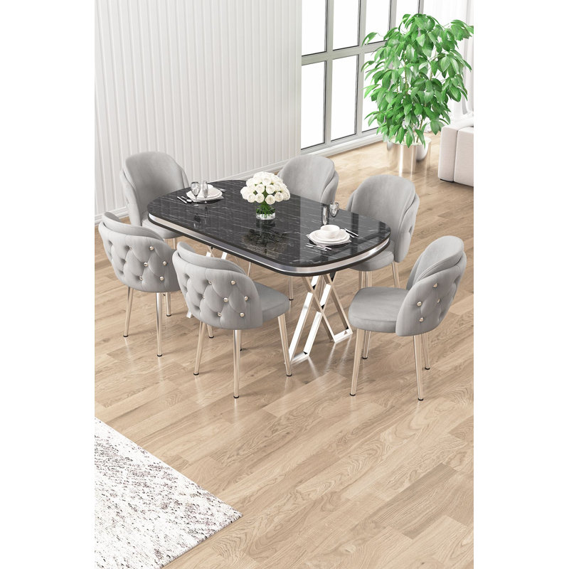 Ensemble de table et chaises de salle à manger (7 pièces), 7 pièces : table, 6 chaises, Marbre noir / Chrome, Gris