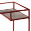 Bureau avec plateau en verre de 5 mm, structure en métal et compartiment de rangement ouvert.