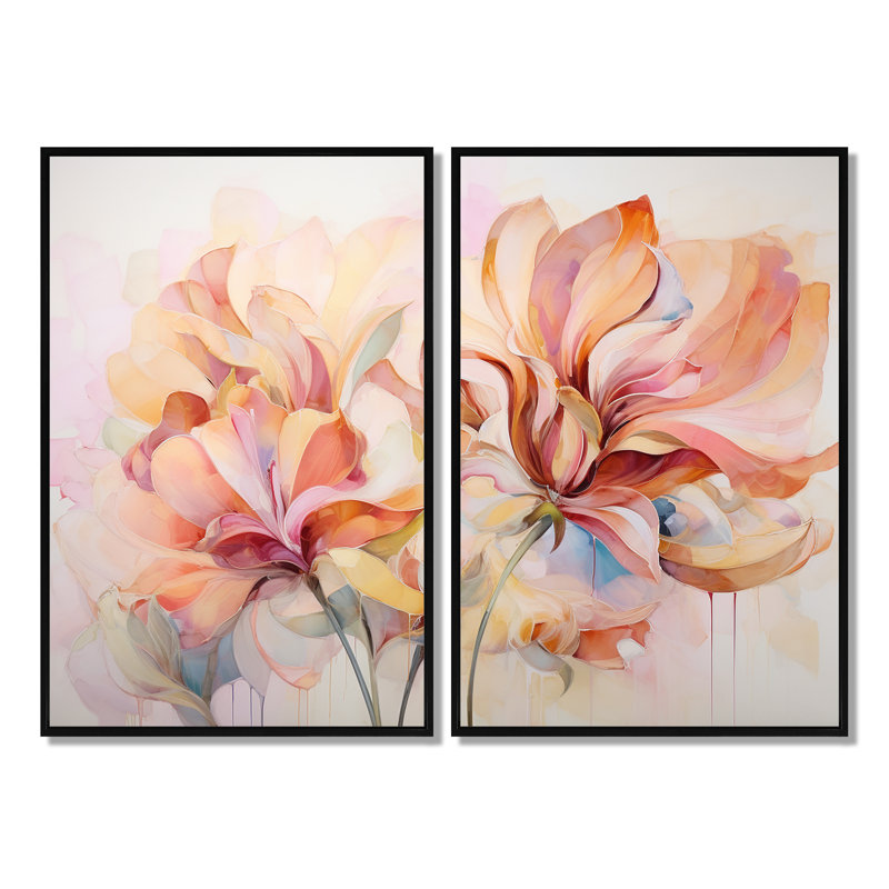 Coral Petal Symphony II - Abstract Botanicals, décoration murale 2 panneaux, Impression encadrée flottante, H 36 po x l 48 po