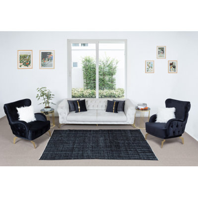 Tapis turc contemporain fabriqué à la main 5,2 x 8,2 pi surteint en noir