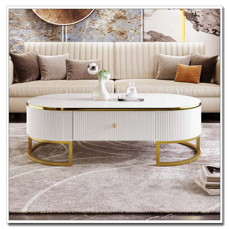 Table basse ovale avec tiroirs, profil courbé