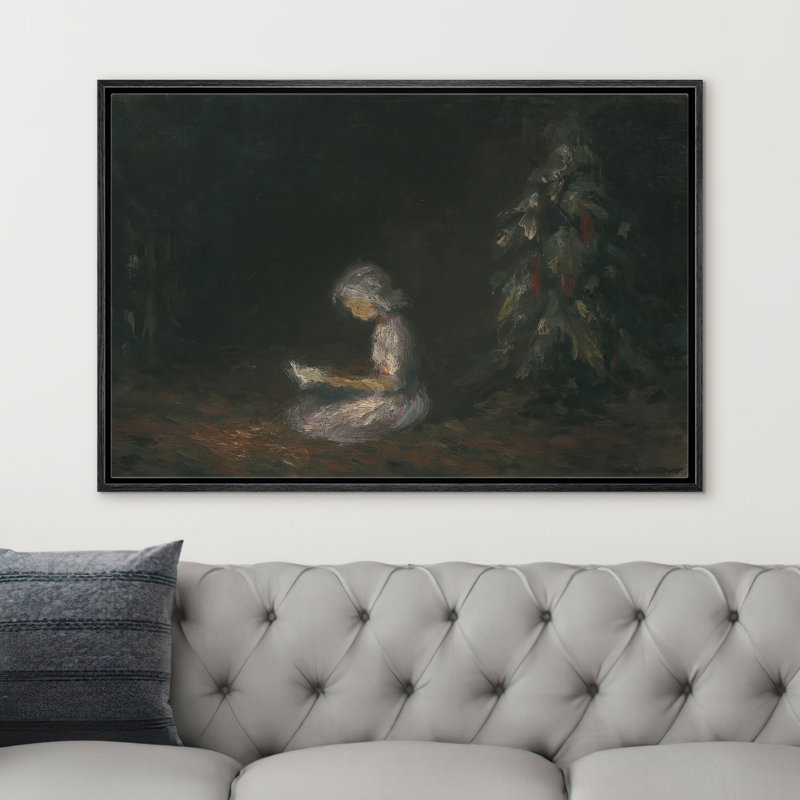 «Girl Reading» par Christmas Tree Night Scene, reproduction d'art sur toile encadrée, H 16 po x l 24 po, Noir