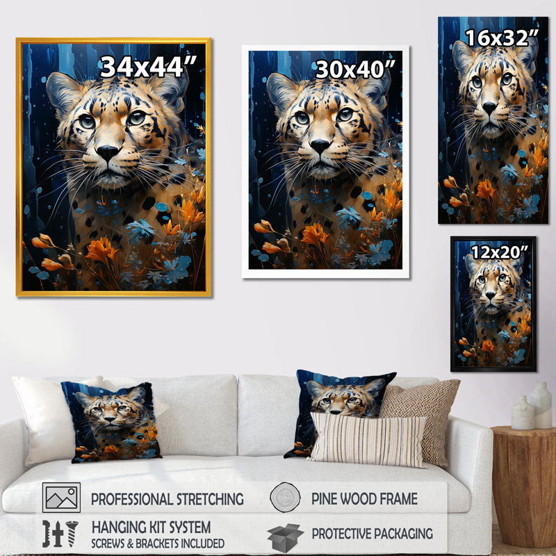 «Blue Leopard Serenity» - art mural léopard / guépard, Toile tendue, H 20 po x l 12 po x P 1 po