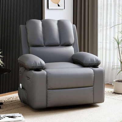 Fauteuil inclinable surdimensionné à bascule et pivotant - chauffant et massant, fauteuil inclinable manuel en cuir pour adultes, fauteuil paresseux avec porte-gobelets, accoudoirs confortables et canapé simple pour le salon