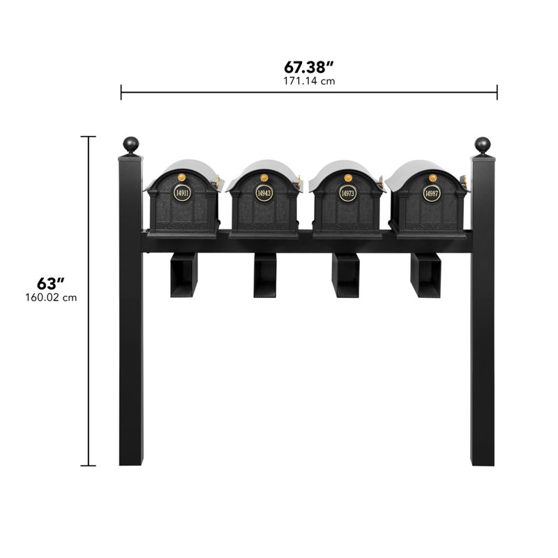 Balmoral Quad Mount Mailbox /w/ Ball Finials, Personalized Door Medallion, Newspaper Box (4 Mailboxes, Posts, 4 Newspaper Boxes, 4 Medallions)