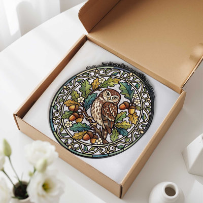 Owl Oak Stained Glass Window Panel，12"H