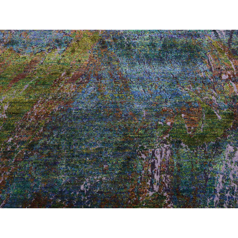 Tapis en laine sari noué à la main 8 pi x 9 pi 10 po Aqua Oceanic