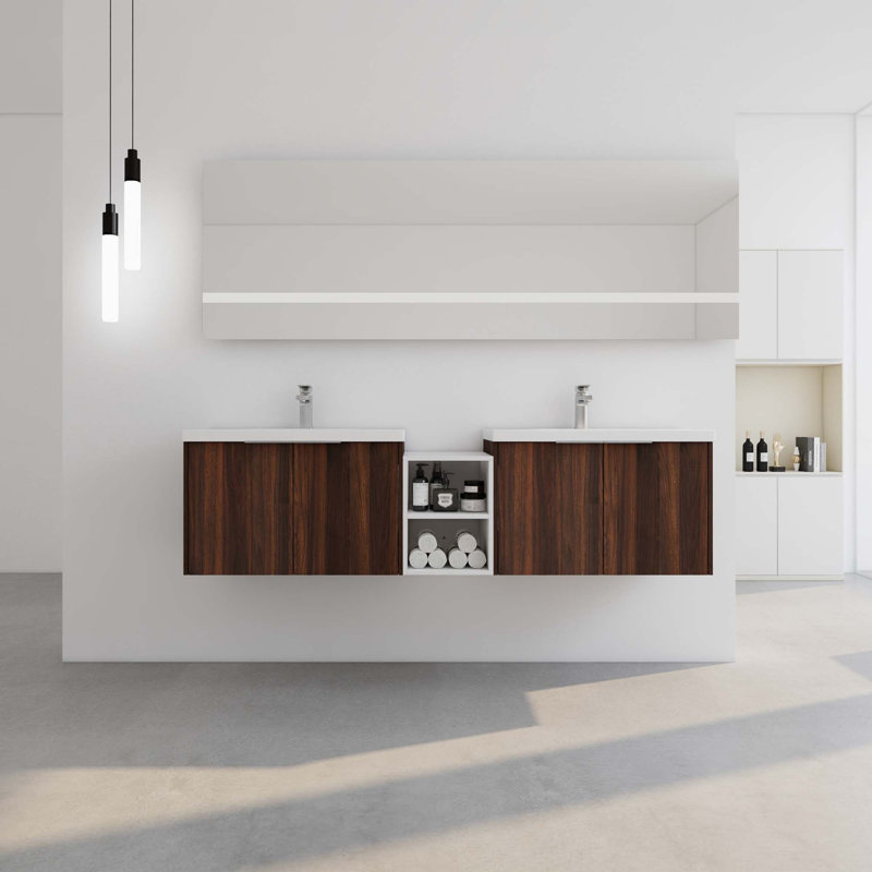 Meuble-lavabo à fermeture en douceur avec lavabo et petites tablettes de rangement, Noyer, 72"