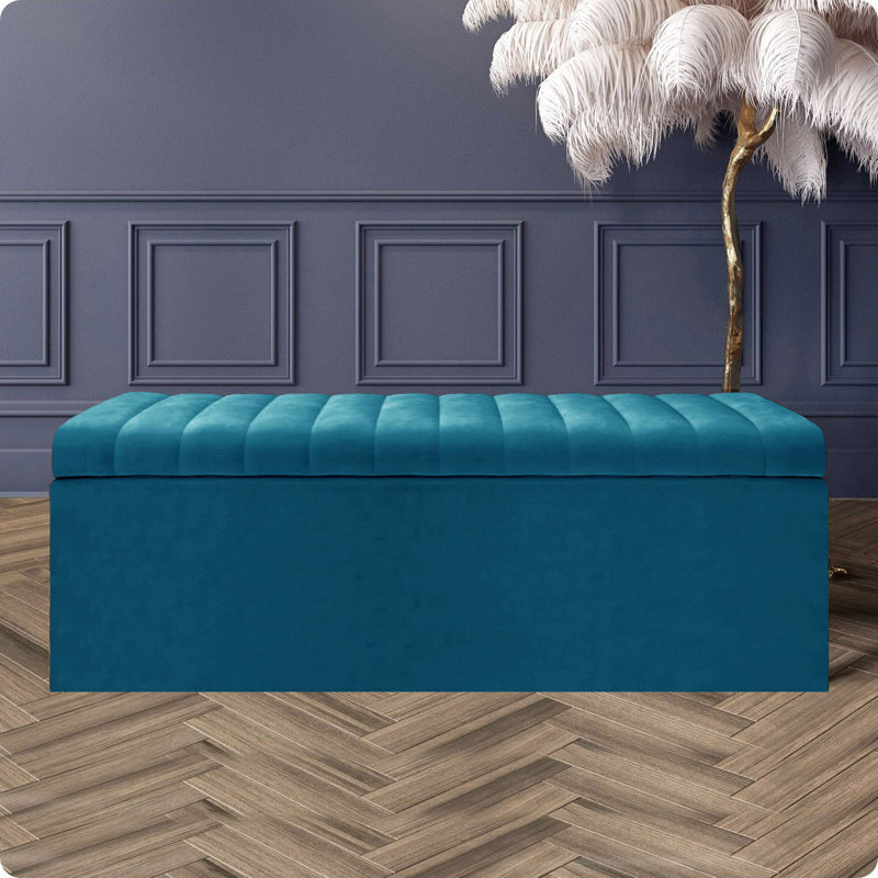 Safar Wide Velvet Rectangle Solid Color Standard Ottoman Box with Storage, Emerald Green Plush Velvet, 90 cm