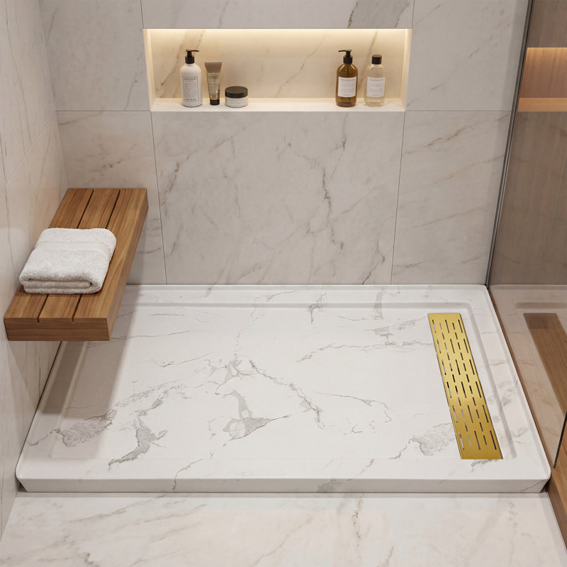  60"W x 32"D Rectangle Shower Base, Marble-Look Acrylic Shower Pan with Anti-slip Texture, Right, Brushed Gold