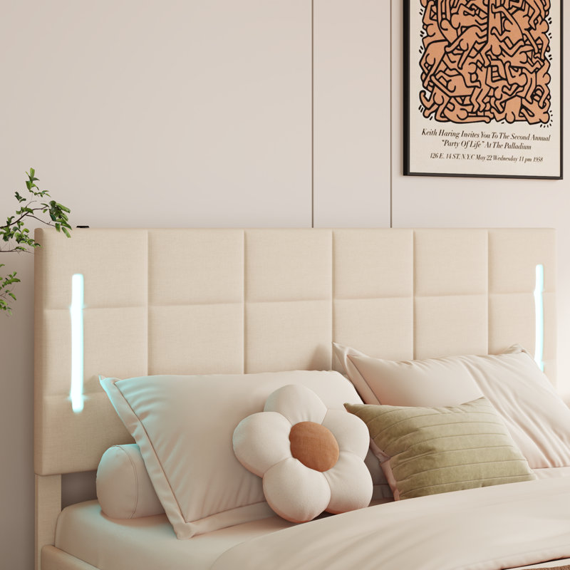 Lit plateforme avec rangement Keyahna Linen, Beige, Grand