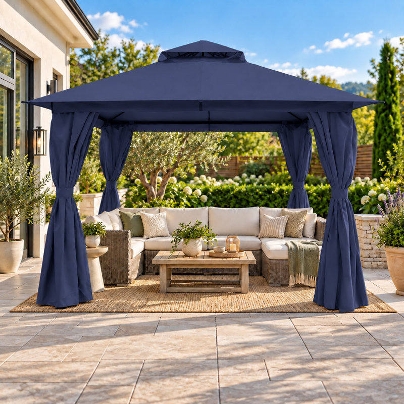 Gazebo de terrasse à double toit souple, structure en acier, 3,66 m x 3,66 m, Bleu