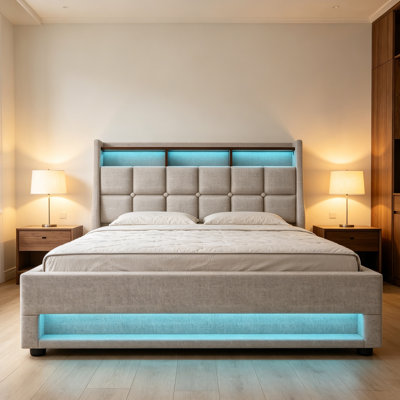 Full Size Upholstered Platform Bed with Hydraulic Storage, LED Lights and Charging Station
