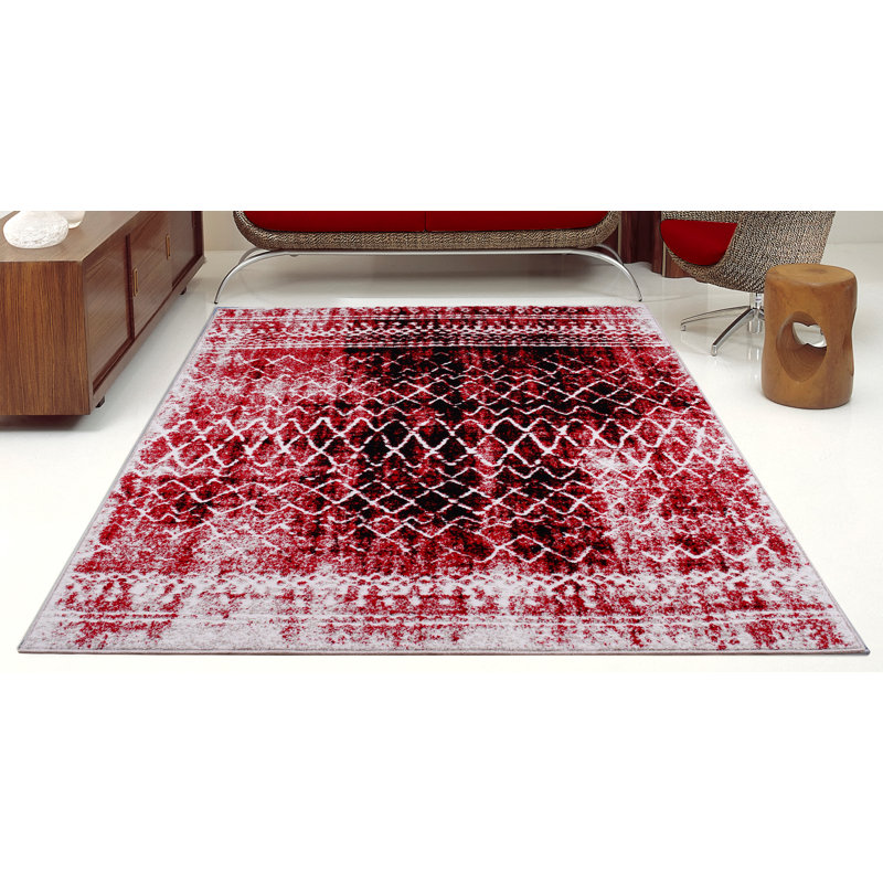 Tapis abstrait rouge / noir Mangassa, Rectangle 5 pi 2 po x 7 pi 5 po
