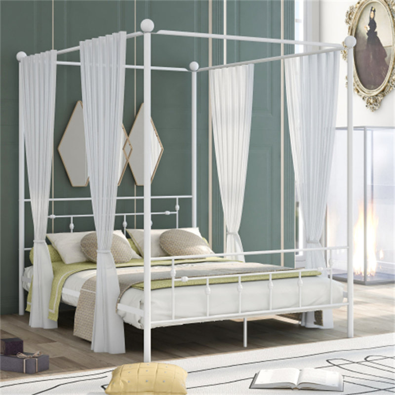 Anniston Queen Bed with Luxurious Style Headboard and Footboard - Canopy Metal Frame in Powder Coating Linen white, White