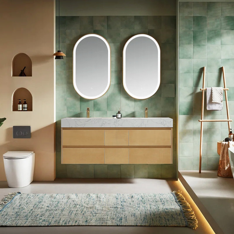 Fully assembled 60" Oak Floating Bathroom Vanity Modern Wall-Mounted Double Basin Bathroom Dressing Table Set