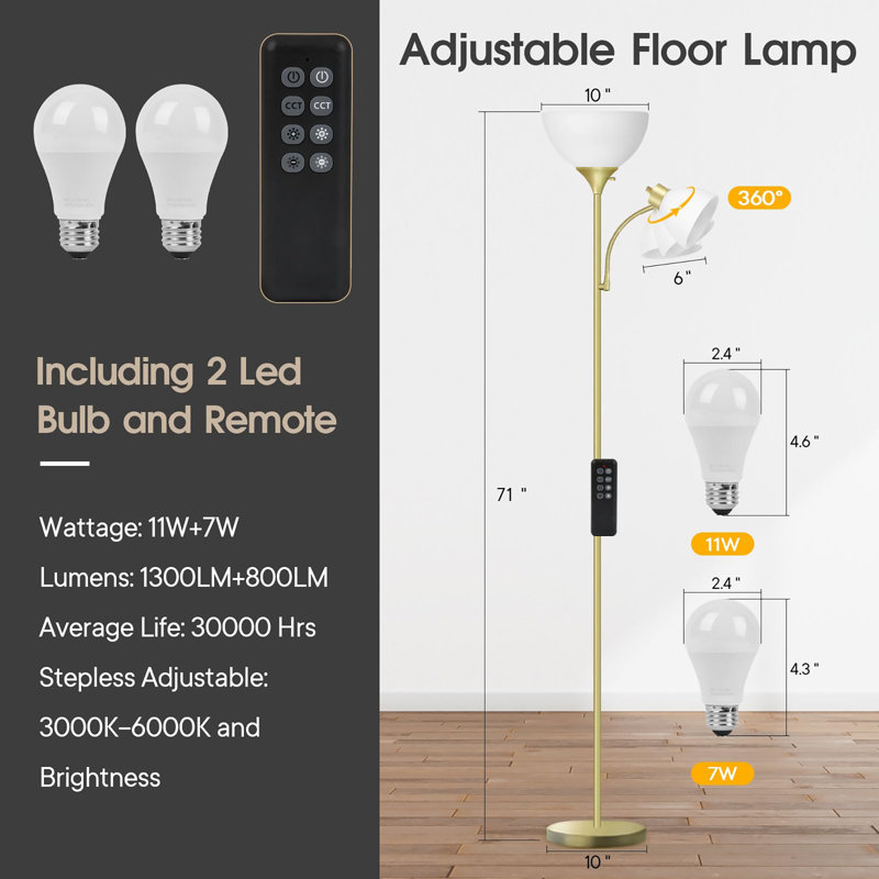 Lampe sur pied 70 po pour salon, Doré